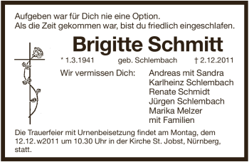 Traueranzeige von Brigitte Schmitt von Pegnitz-Zeitung